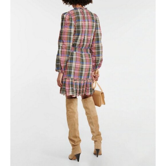 💕VERONICA BEARD💕 Destiny Crinkle Plaid A-Line Dress ~ Olive Green/Pink 8 NWT - Picture 3 of 16